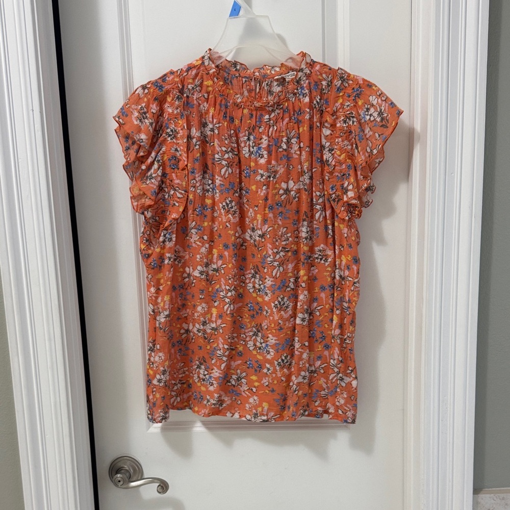 Nanette Lepore Orange Floral Ruffle-Sleeve Blouse